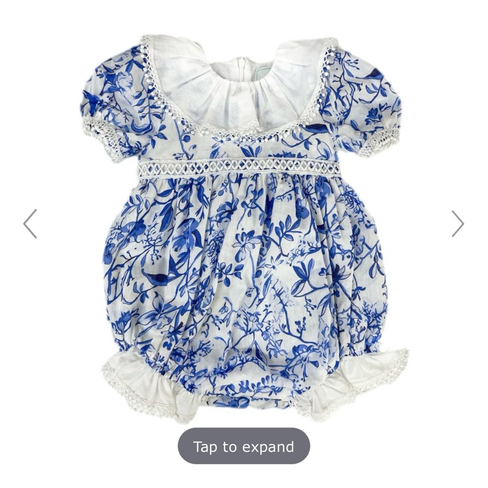 Petite Maison Jaylin Blue and White Floral Linen Romper 9m NWT
